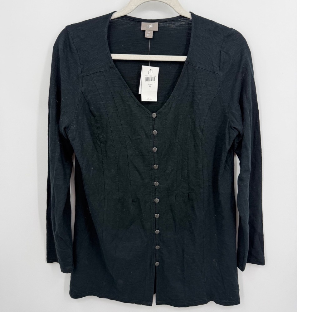 J. Jill Black Long Sleeve V-Neck Button Front Tee